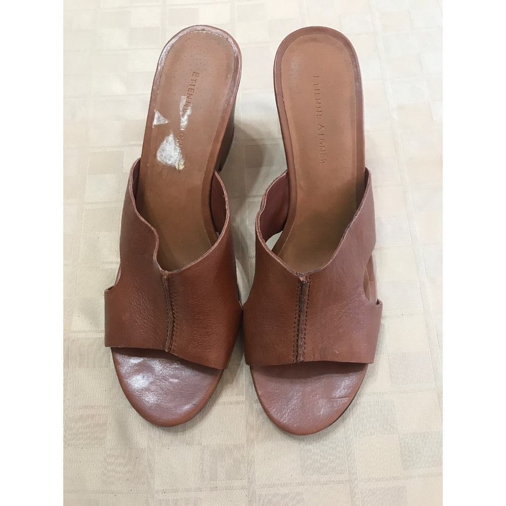 Etienne Aigner slip on‎ sandals 3.25" Wedge Block Heel Brown 10M Heddie